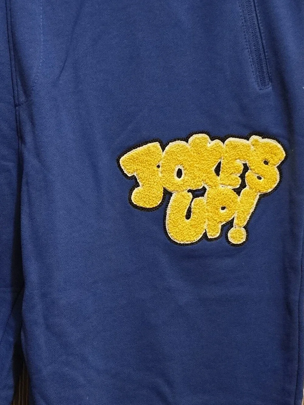 Jokes up Mens Blue Jogger Bottoms with Yellow Patch